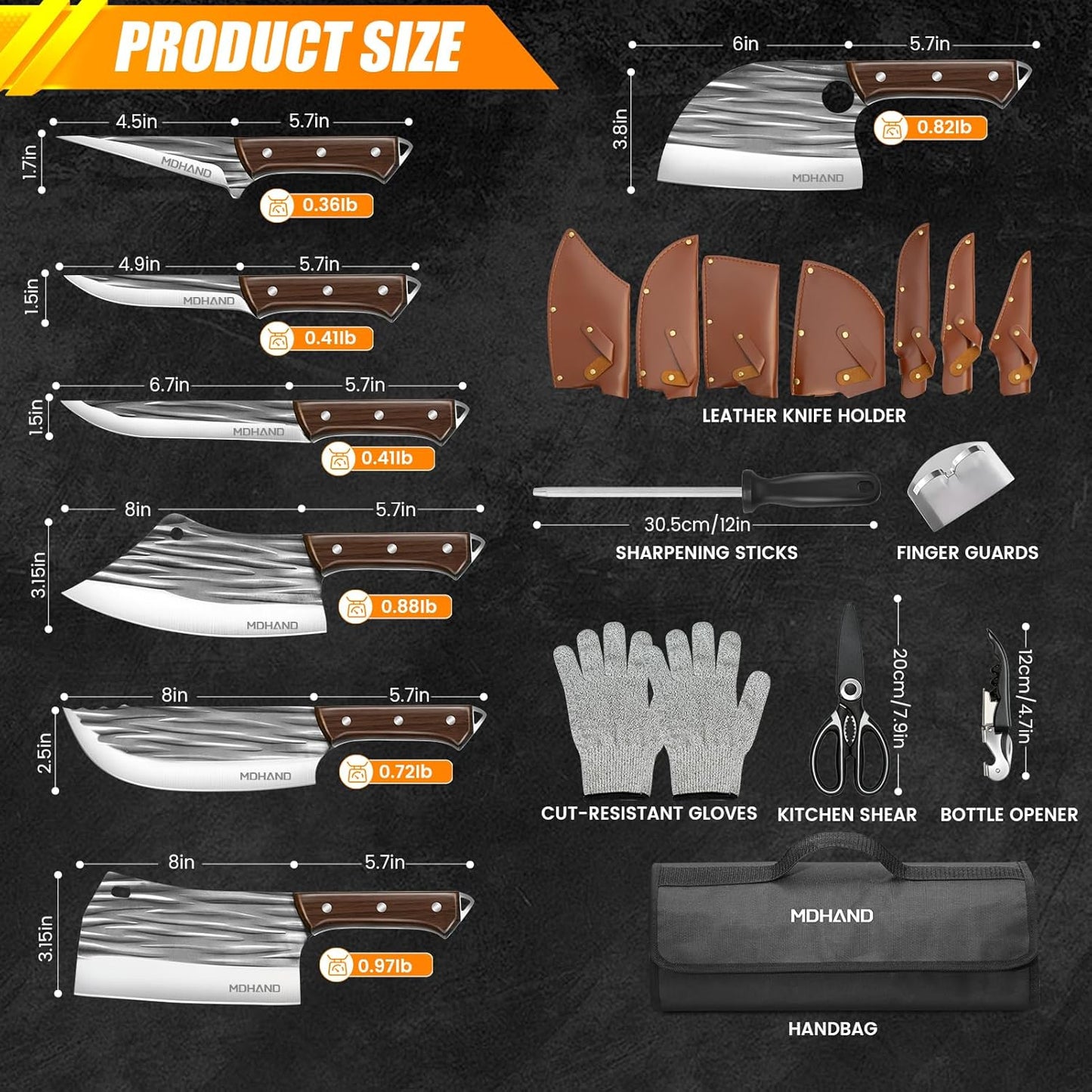 MDHAND 14-piece kitchen chef knife set with high carbon steel blades, includes butcher, cleaver, boning, Viking knives, and knife bag.