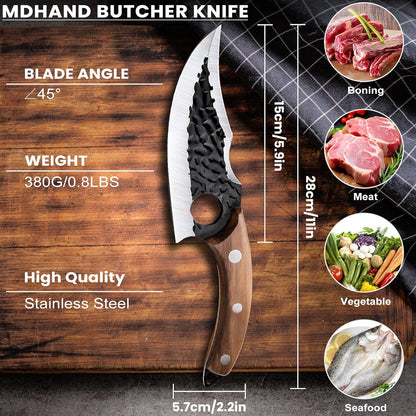 MDHAND chef knife with sheath, high carbon steel blade, used for meat cutting, outdoor cooking, and kitchen tasks.