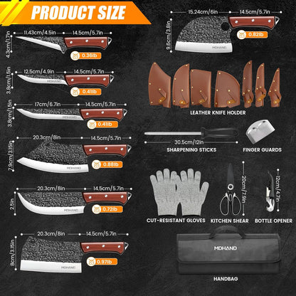 MDHAND 14-piece kitchen chef knife set with high carbon steel, includes butcher, meat cleaver, boning, Viking knives, and knife bag.