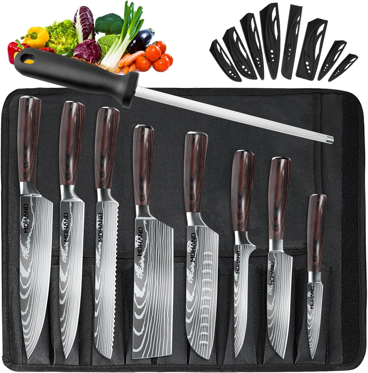 MDHAND 8-piece professional kitchen knife set with ergonomic pakkaholz handles, includes a carrying case, ideal for home and restaurant use