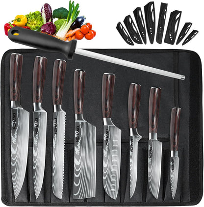 MDHAND 8-piece professional kitchen knife set with ergonomic pakkaholz handles, includes a carrying case, ideal for home and restaurant use