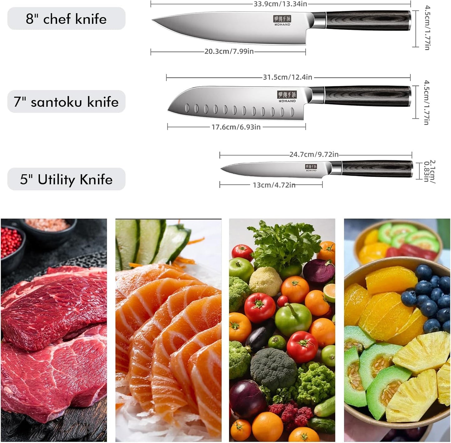 MDHAND 3-piece professional kitchen knife set with German high-carbon stainless steel including a chef's knife, Santoku, and utility knife