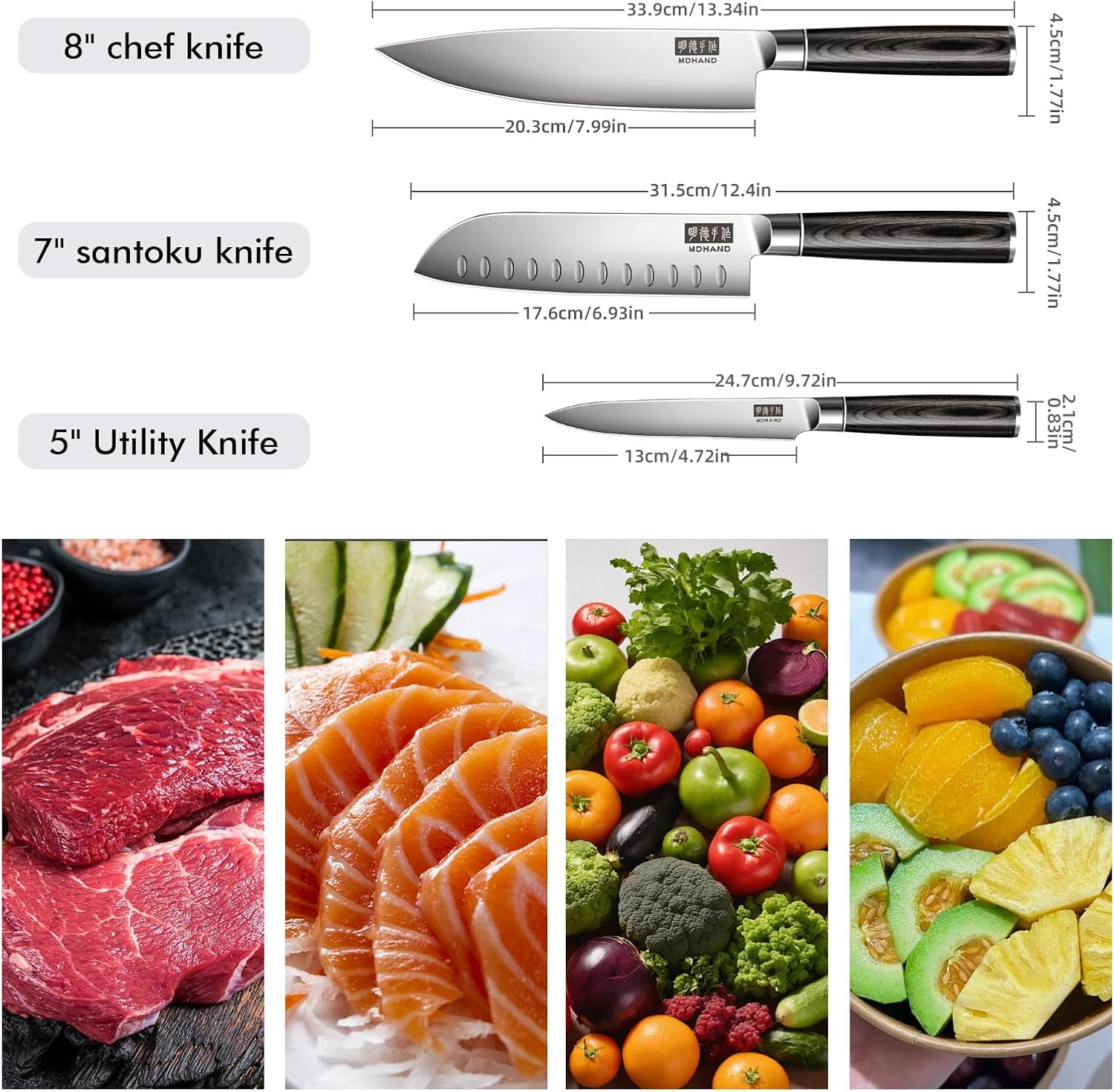 MDHAND 3-piece professional kitchen knife set with German high-carbon stainless steel including a chef's knife, Santoku, and utility knife