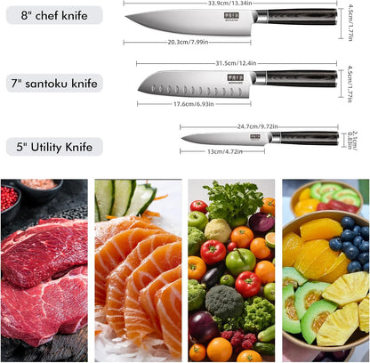 MDHAND 3-piece professional kitchen knife set with German high-carbon stainless steel including a chef's knife, Santoku, and utility knife
