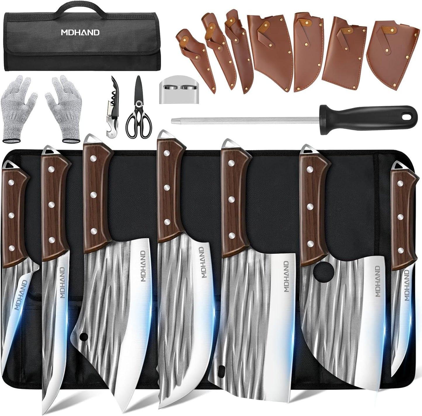 MDHAND 14-piece kitchen chef knife set with high carbon steel blades, includes butcher, meat cleaver, boning, Viking knives, and knife bag
