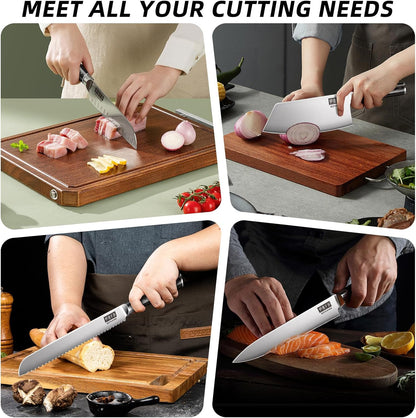 MDHAND 10-piece chef knife set with roll bag, high carbon stainless steel Japanese kitchen knives, black pakkawood handles, dishwasher safe