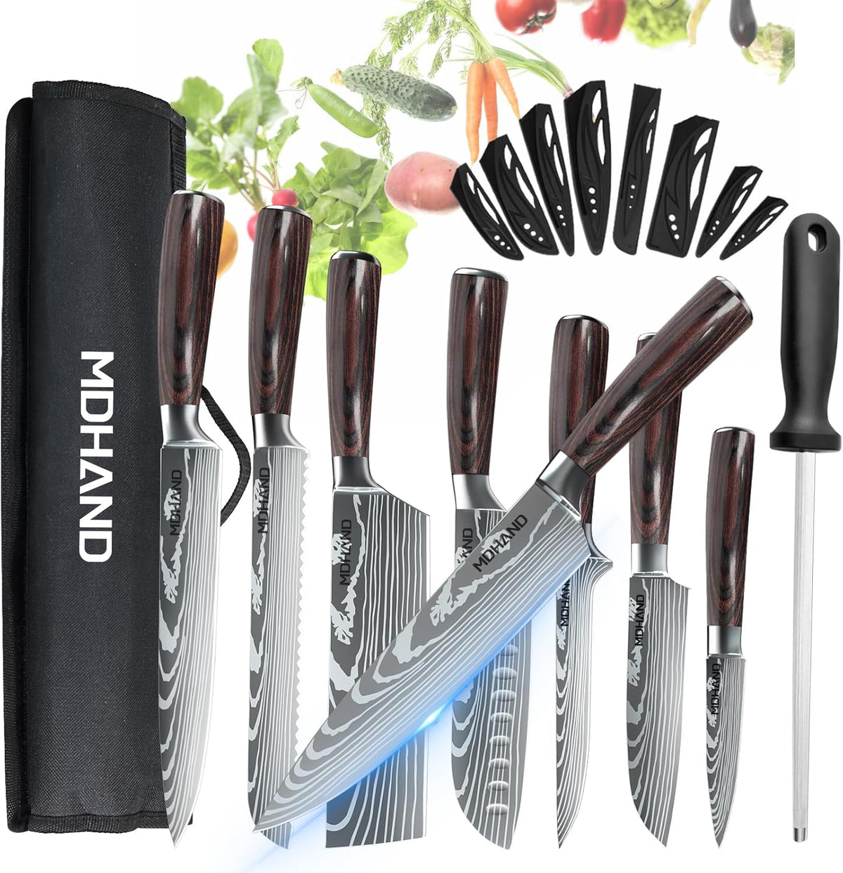 MDHAND 8-piece professional kitchen knife set with ergonomic pakkaholz handles in a storage case for home and restaurant use