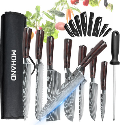 MDHAND 8-piece professional kitchen knife set with ergonomic pakkaholz handles in a storage case for home and restaurant use