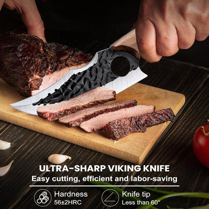 MDHAND chef knife with high carbon steel blade, black handle, and sheath, ideal for meat cutting, outdoor cooking, and grilling.