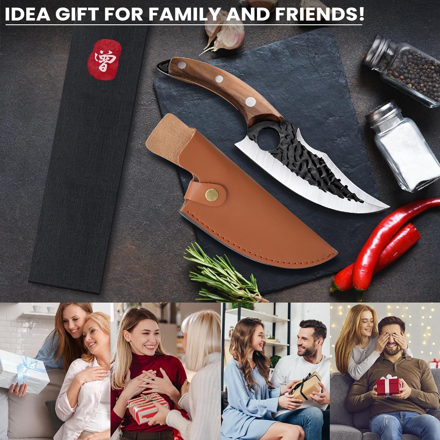MDHAND chef knife with high carbon steel blade, leather sheath, and gift box, ideal for meat cutting, camping, outdoor, and BBQ use