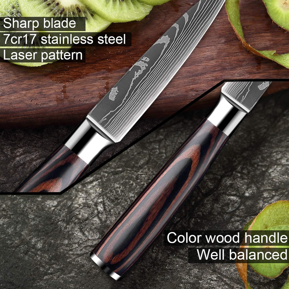 MDHAND 5-piece stainless steel kitchen knife set including chef’s, bread, Santoku, vegetable knives with ergonomic handles.