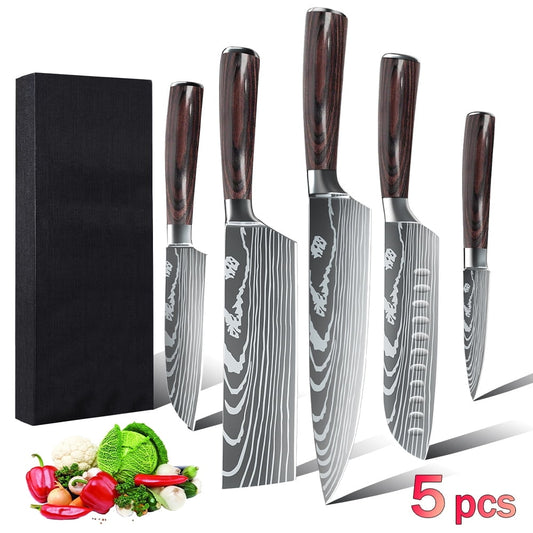 MDHAND 5-piece professional chef knife set with high carbon stainless steel and gift box, ideal for home or restaurant use.