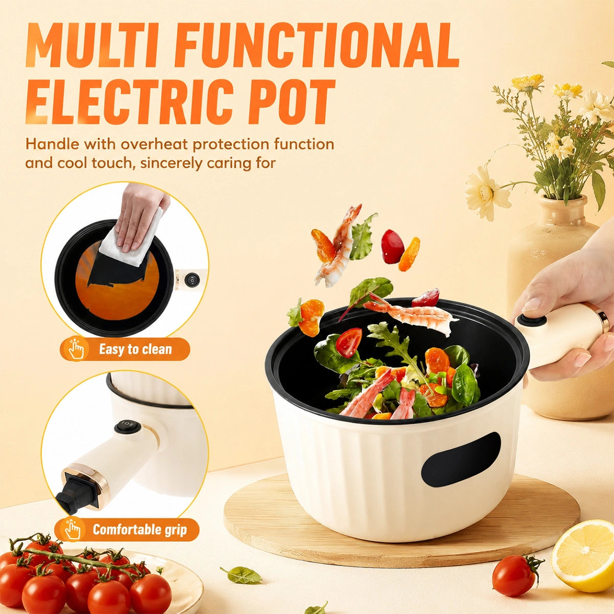 MDHAND 1.8L Electric Hot Pot with Steamer, Cream White Nonstick Cooking Pot