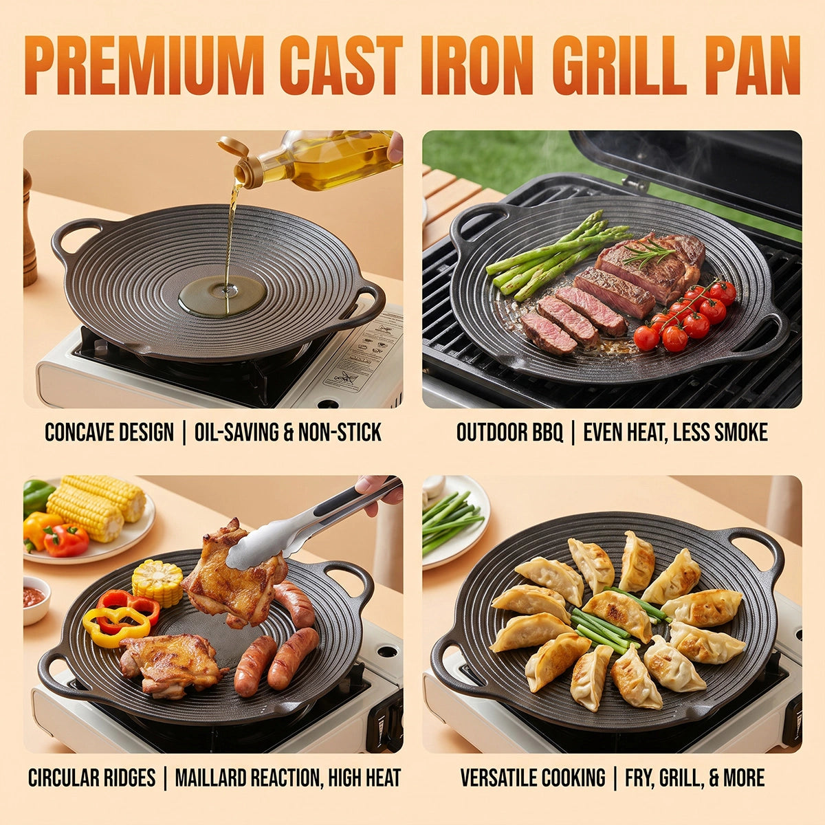 MDHAND 11.8in Round Cast Iron Grill Pan, Non-Stick Ridged Pan with Concave Design & Hemp Rope