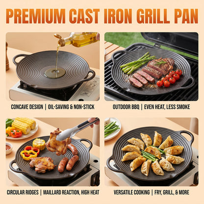 MDHAND 11.8in Round Cast Iron Grill Pan, Non-Stick Ridged Pan with Concave Design & Hemp Rope