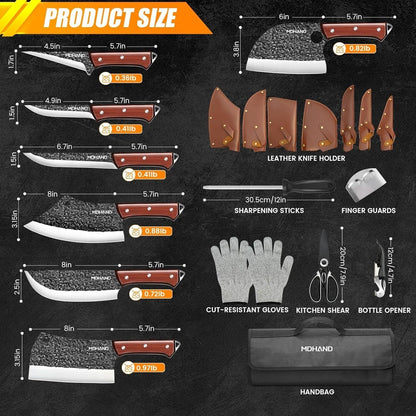 MDHAND 14PCS Butcher Knife Set, Hand Forged Chef Knife & Meat Cleaver Knife Set for Home, Outdoor Cooking, Camping