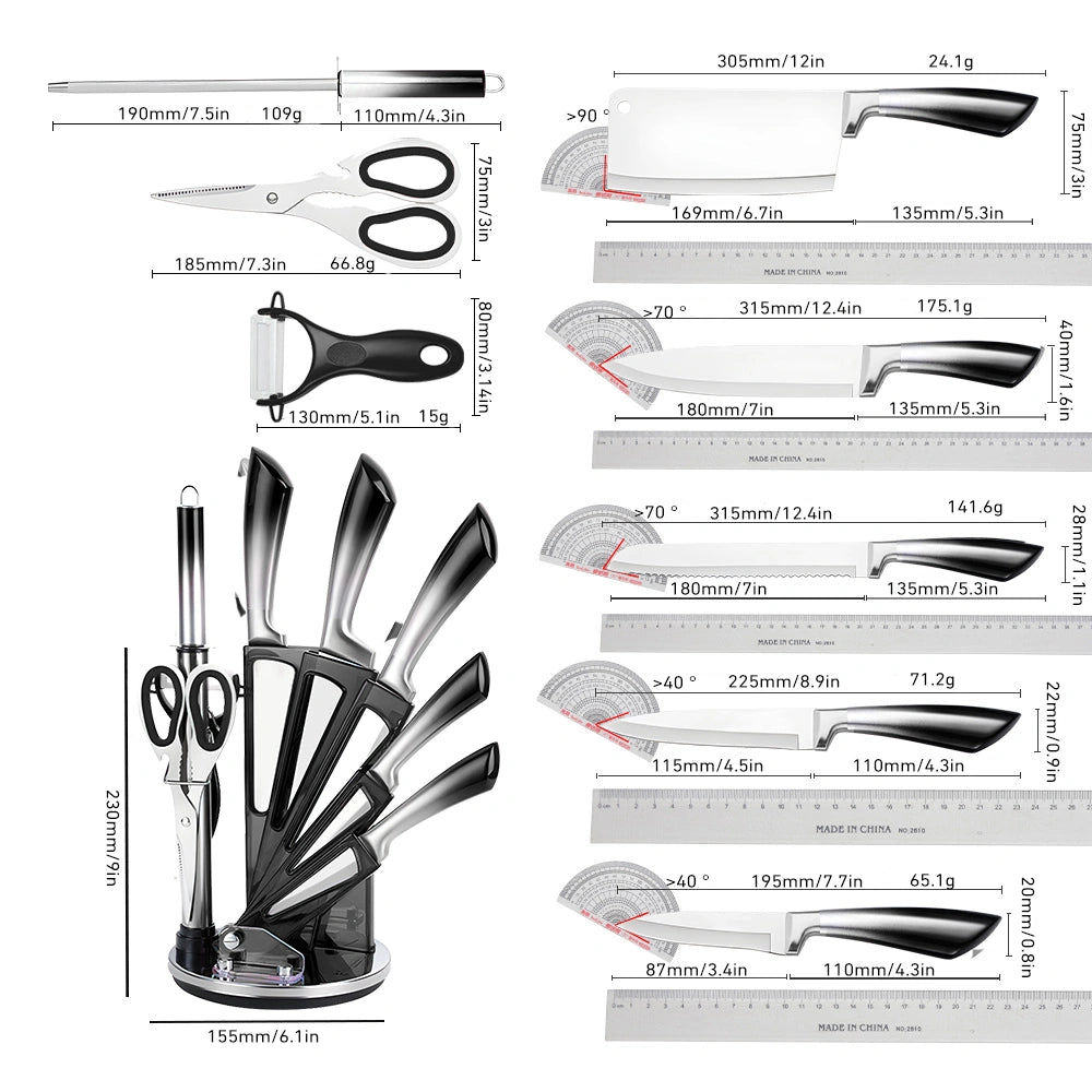 MDHAND 9-Piece Gradient Handle Knife Set, 5 Stainless Steel Knives with Block, Sharpening Rod, Scissors and Peeler