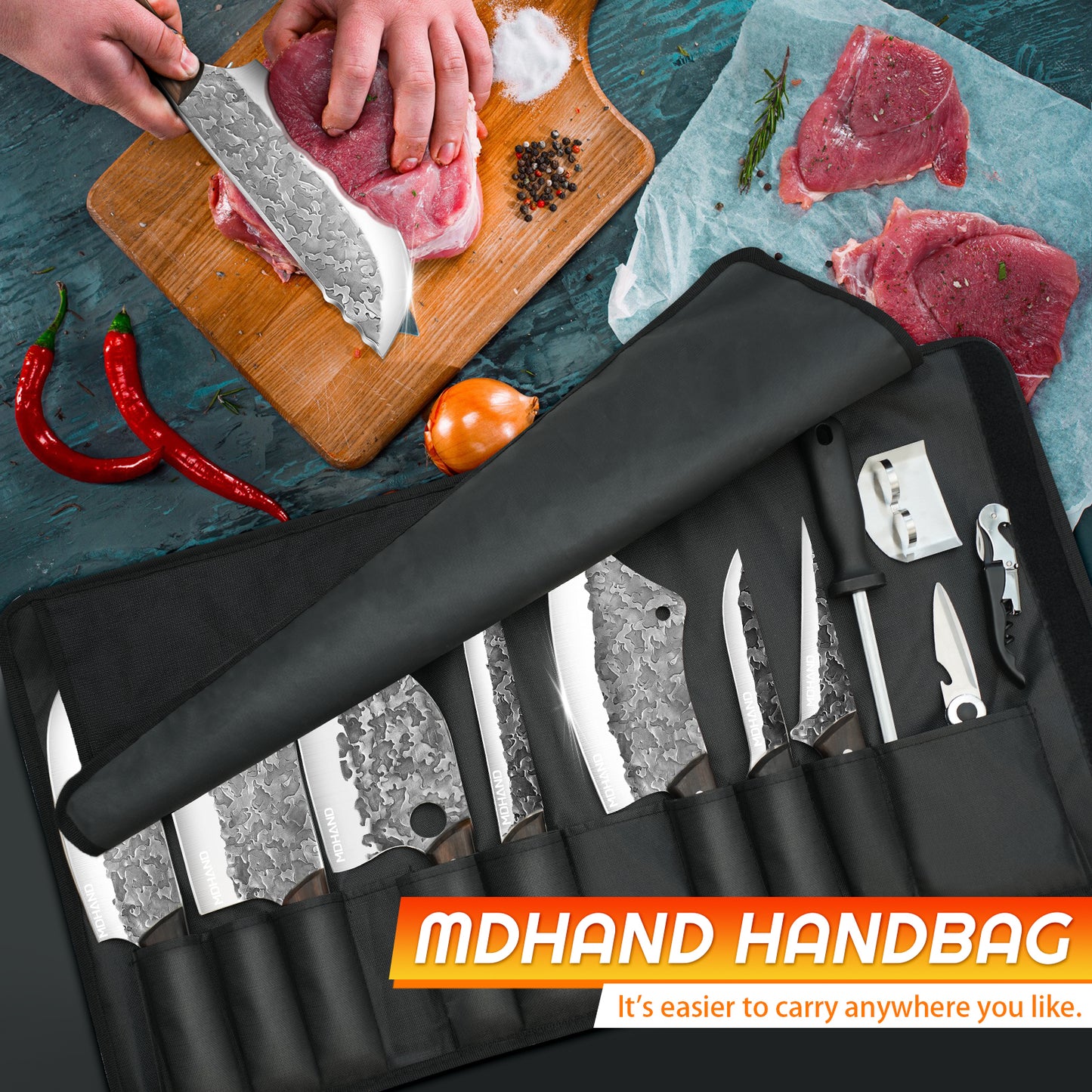 MDHAND 14pcs Kitchen Knives Set - Butcher Knife,Chef Knife, Boning Knife, Meat Cleaver - BBQ, Outdoor, Camping(Cloud)