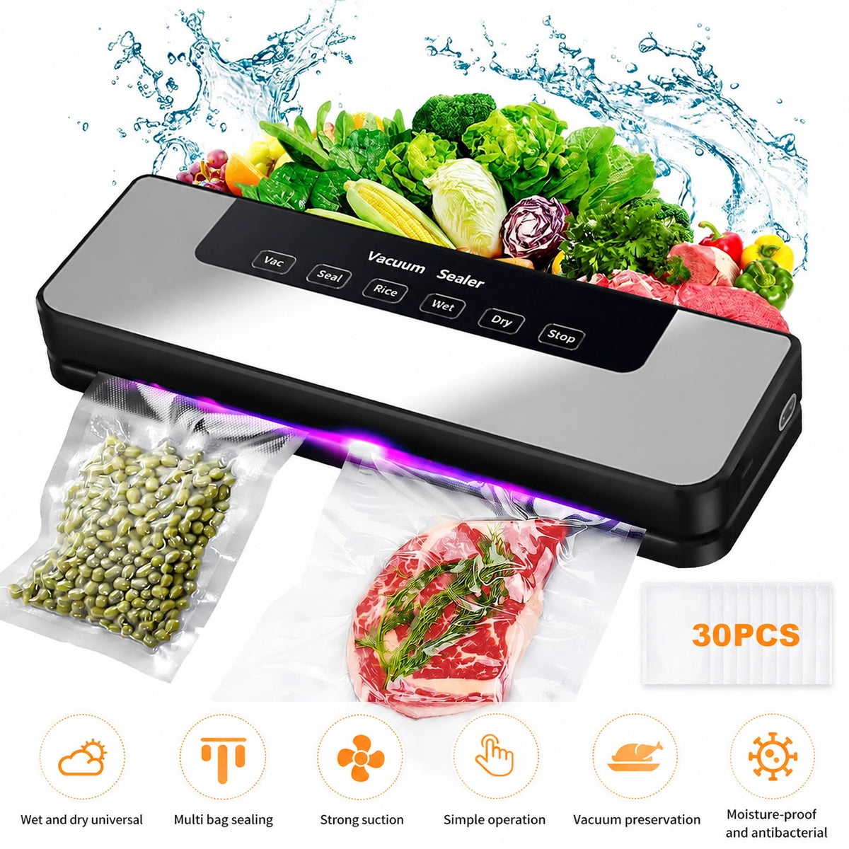 MDHAND Vacuum Sealer, 8 in 1 4 Food Modes, Wet and Dry, with Starter Kit, with 30 Vacuum Sealer Bags (Silver)