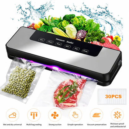MDHAND Vacuum Sealer, 8 in 1 4 Food Modes, Wet and Dry, with Starter Kit, with 30 Vacuum Sealer Bags (Silver)