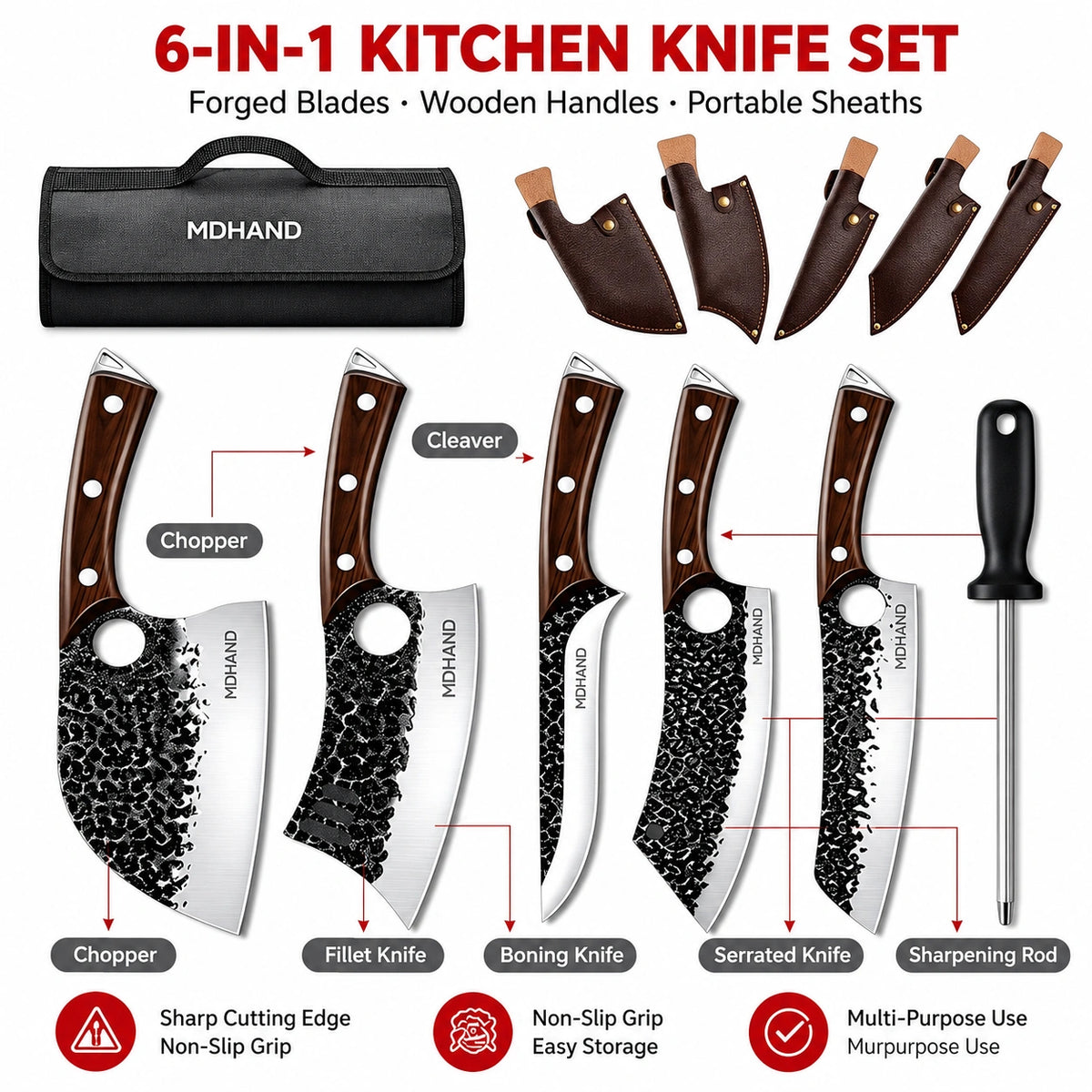 MDHAND 6-Piece Black Hammered Butcher Knife Set, Hand Forged High Carbon Steel Blades