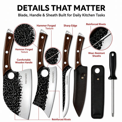 MDHAND 6-Piece Black Hammered Butcher Knife Set, Hand Forged High Carbon Steel Blades