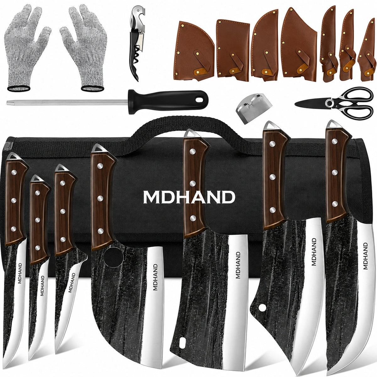 MDHAND 14-Piece Butcher Knife Set, Hand Forged Chef Cleaver Boning Fish Knives