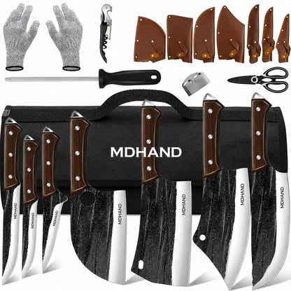 MDHAND 14-Piece Butcher Knife Set, Hand Forged Chef Cleaver Boning Fish Knives