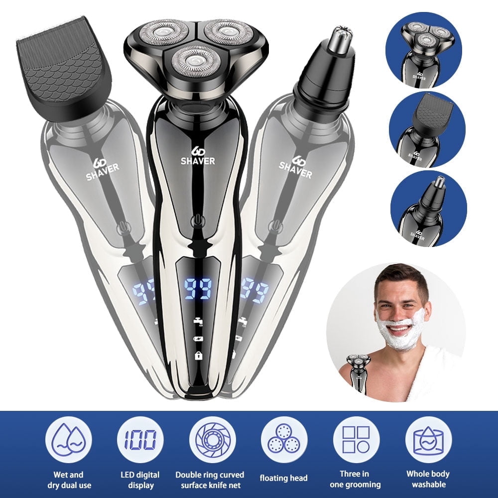 MDHAND Welan electric razor for men, rechargeable 3-in-1 shaver with wet and dry functionality, shown with grooming heads and handle.