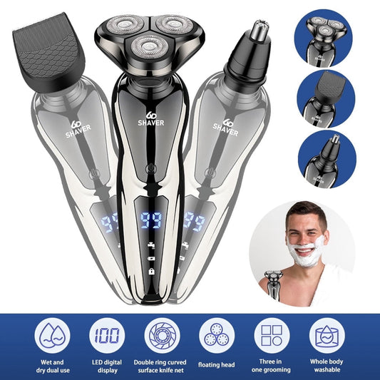 MDHAND Welan electric razor for men, rechargeable 3-in-1 shaver with wet and dry functionality, shown with grooming heads and handle.