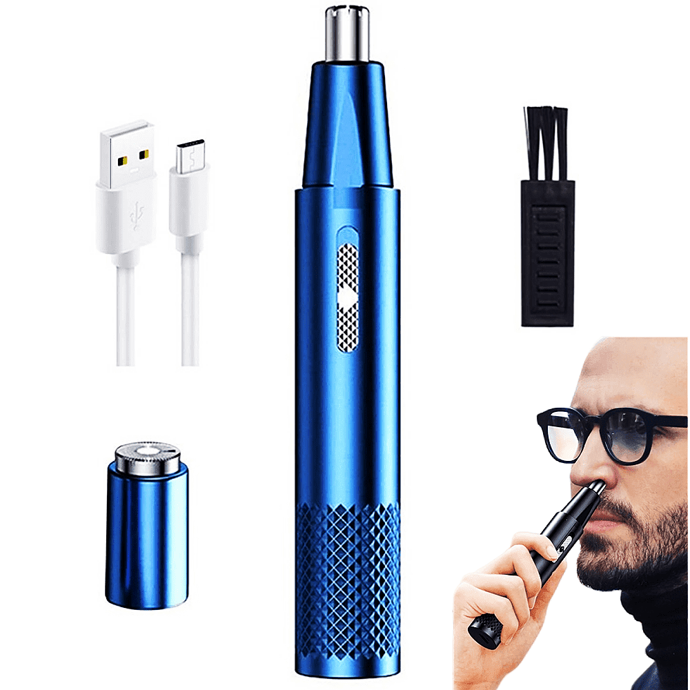 MDHAND rechargeable nose and ear hair trimmer for men and women, blue electric grooming device with dual-edge blades