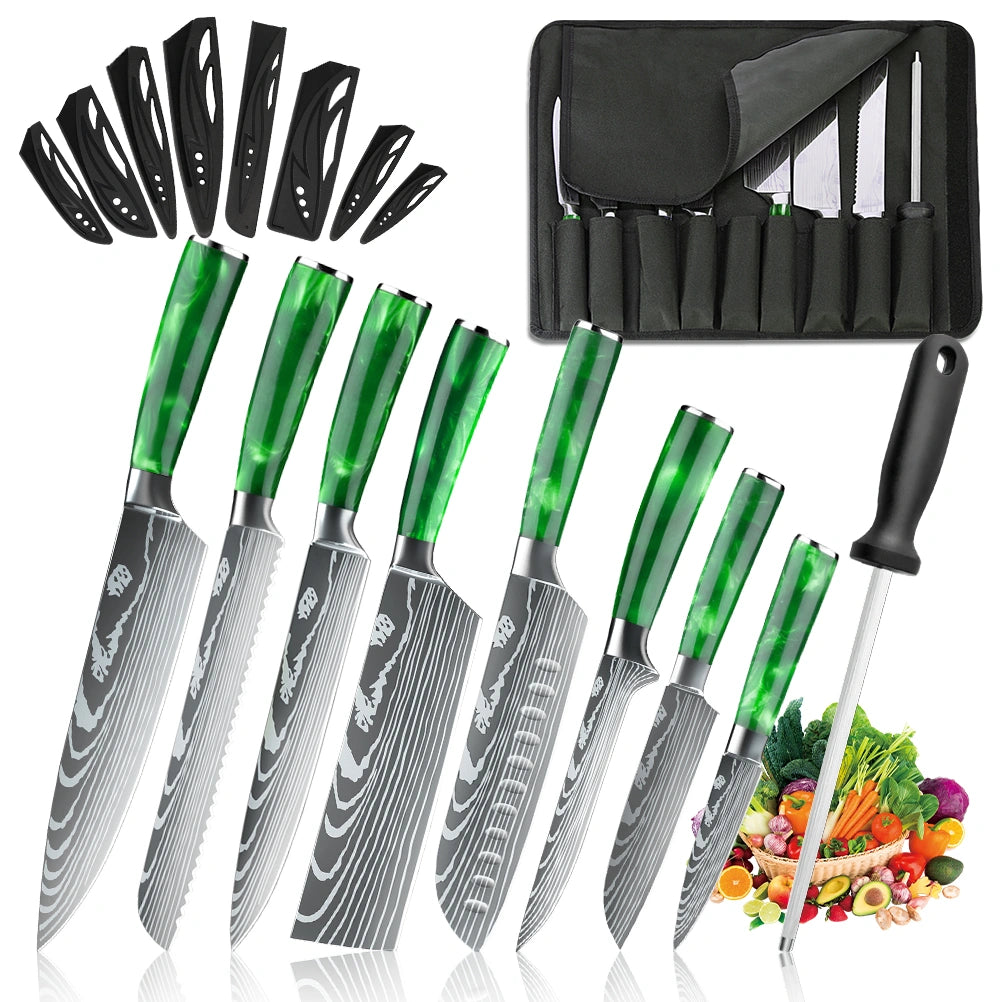 MDHAND 8-Piece Green Resin Handle Knife Set with Nylon Bag