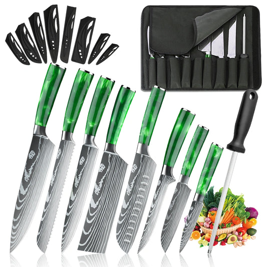 MDHAND 8-Piece Green Resin Handle Knife Set with Nylon Bag