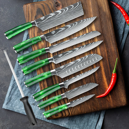 MDHAND 8-Piece Green Resin Handle Knife Set with Nylon Bag