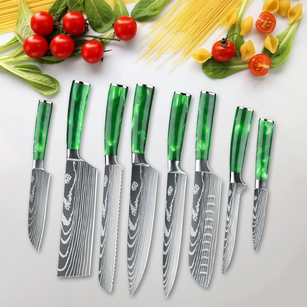 MDHAND 8-Piece Green Resin Handle Knife Set with Nylon Bag