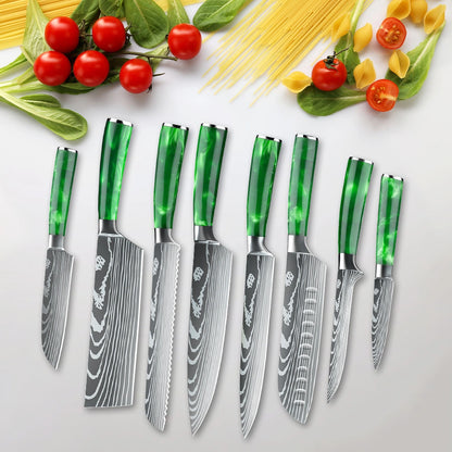 MDHAND 8-Piece Green Resin Handle Knife Set with Nylon Bag