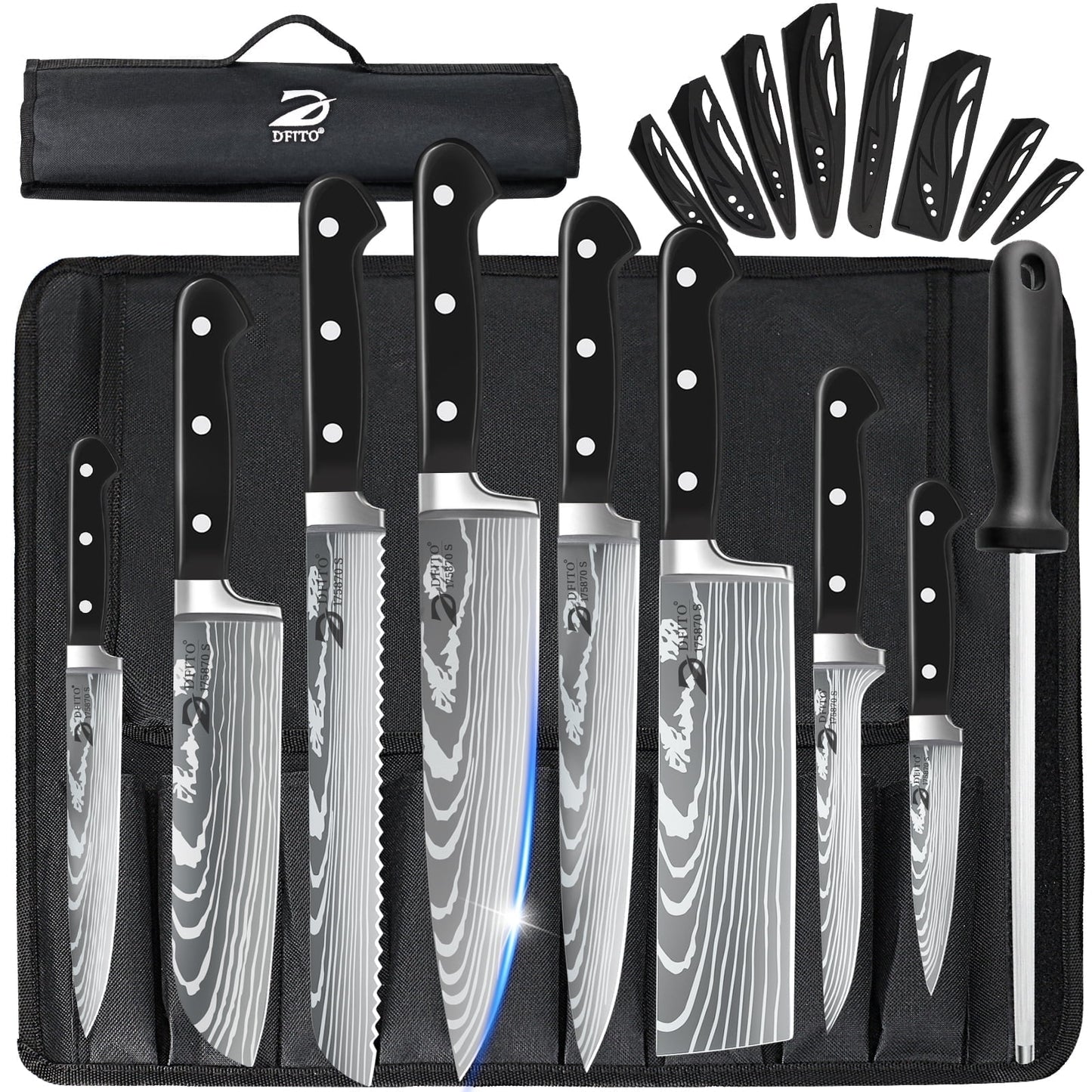 MDHAND ABLINK 9-piece Damascus high carbon stainless steel kitchen knife set with roll bag, featuring various kitchen knives.