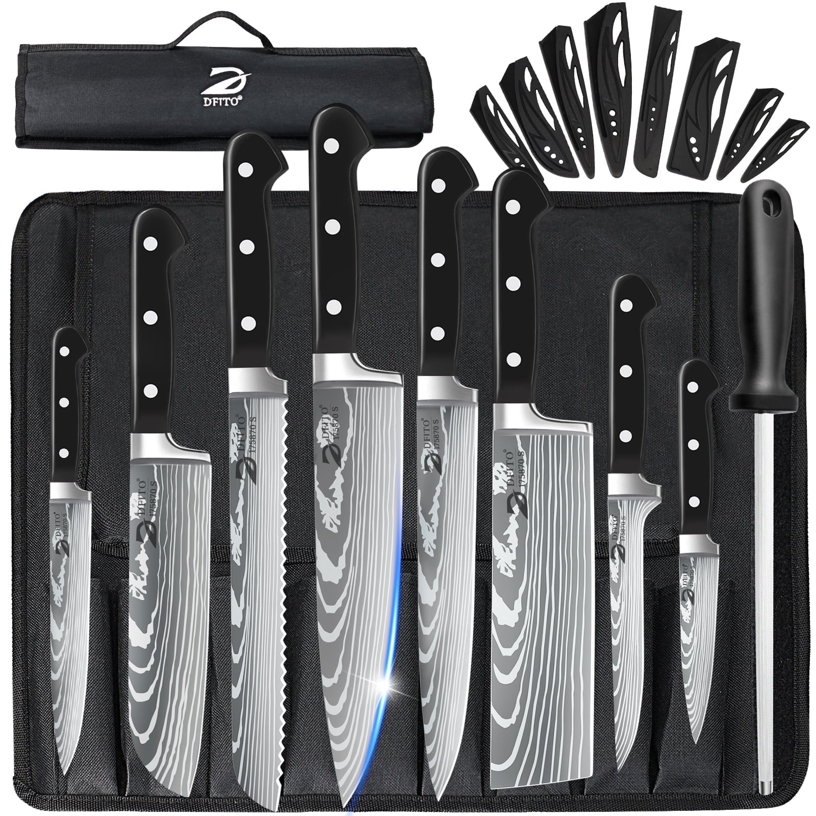 MDHAND ABLINK 9-piece Damascus high carbon stainless steel kitchen knife set with roll bag, featuring various kitchen knives.