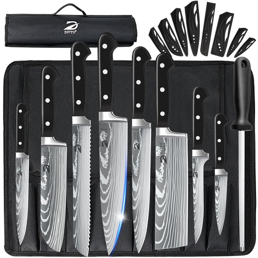 MDHAND ABLINK 9-piece Damascus high carbon stainless steel kitchen knife set with roll bag, featuring various kitchen knives.