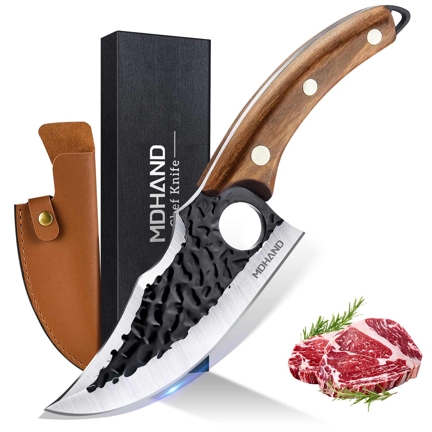 MDHAND chef knife with high carbon steel blade, leather sheath, gift box, ideal for meat cutting, camping, outdoor, and BBQ.