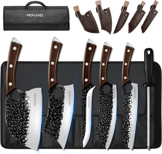 MDHAND 6-Piece Black Hammered Butcher Knife Set, Hand Forged High Carbon Steel Blades