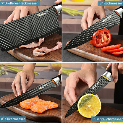 MDHAND 6 Pieces Black Professional Chef Knife Set, BBQ Meat Knives for Cooking, Forged Kitchen Knife with High Carbon Stainless Steel Cutlery Ergonomic Design Handle