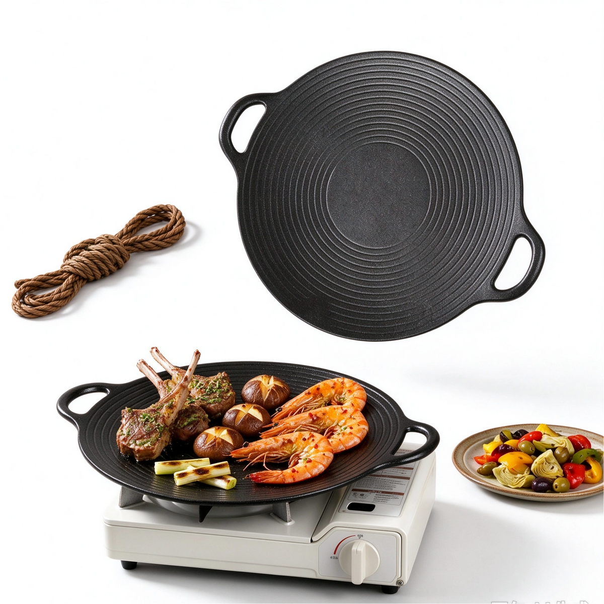MDHAND 11.8in Round Cast Iron Grill Pan, Non-Stick Ridged Pan with Concave Design & Hemp Rope
