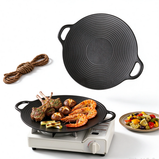 MDHAND 11.8in Round Cast Iron Grill Pan, Non-Stick Ridged Pan with Concave Design & Hemp Rope