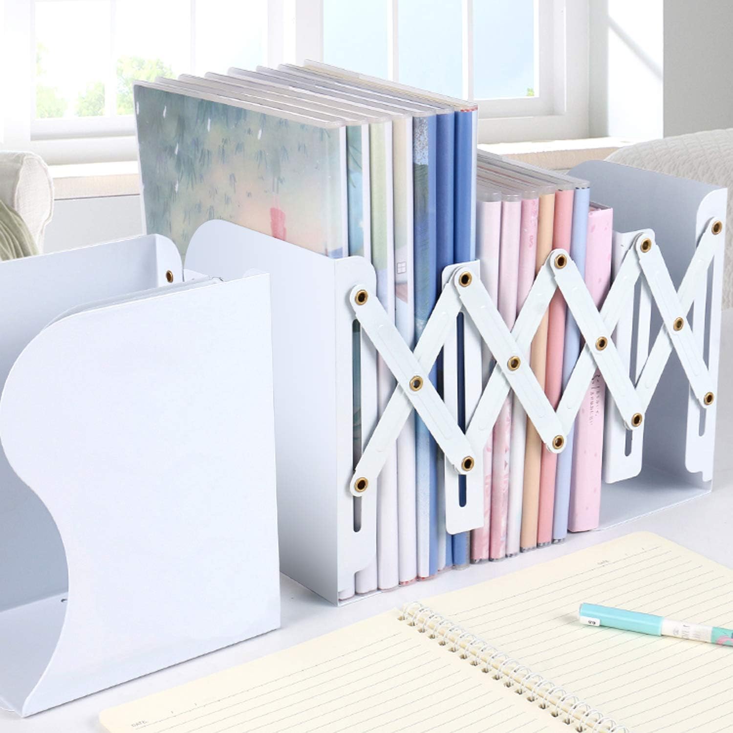 MDHAND adjustable bookend and magazine file organizer holding books and papers on office desk, extends up to 19 inches