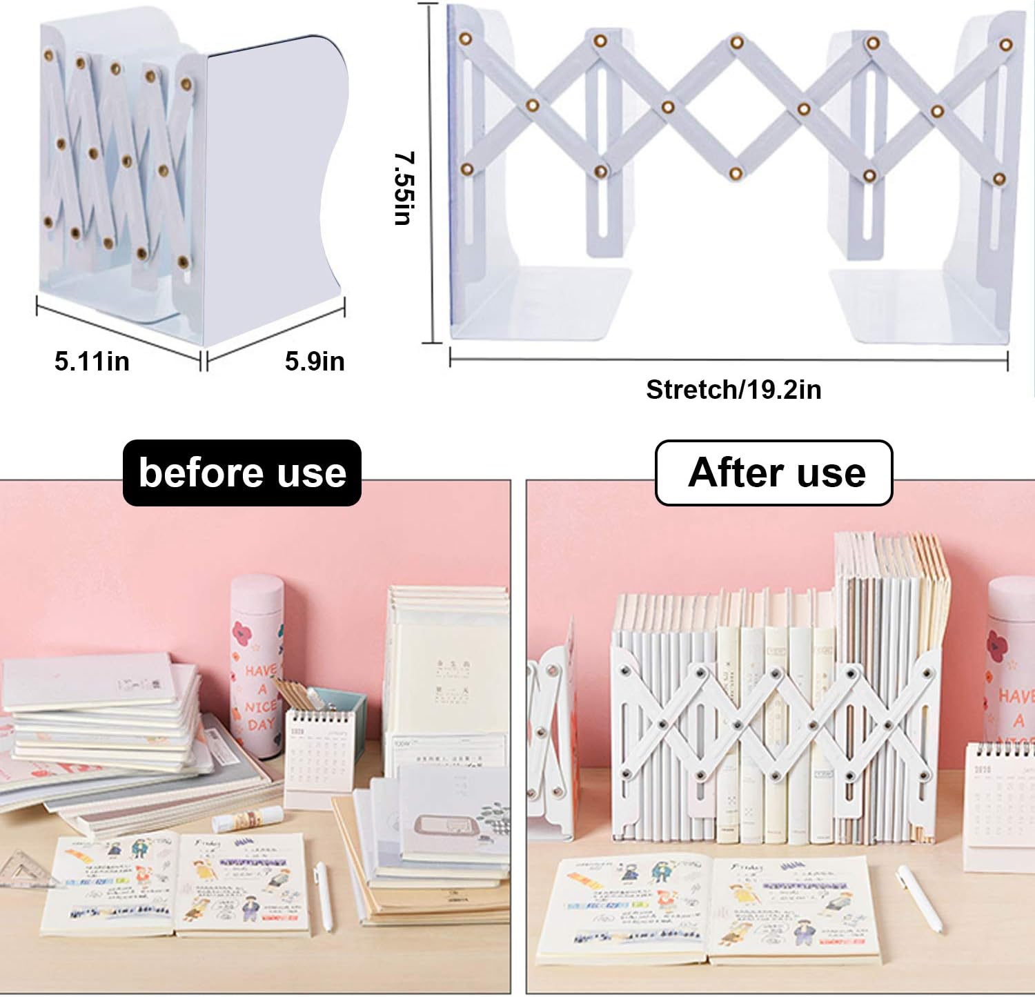 MDHAND adjustable desk bookend holding books and papers, extends up to 19 inches, used as a magazine file organizer for office or home.