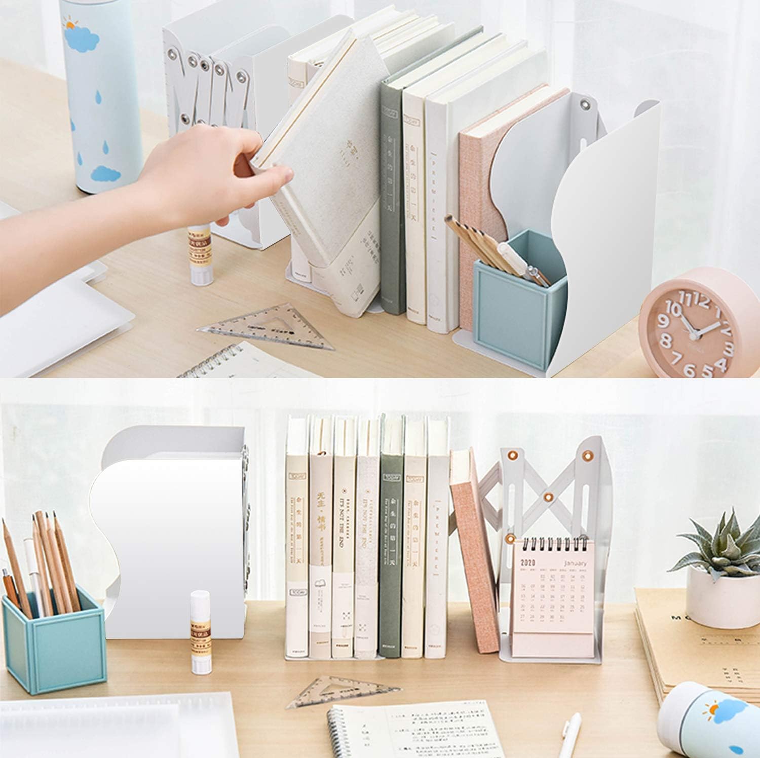MDHAND adjustable bookend desk organizer holder for books, papers, and magazines, extends up to 19 inches, black metal finish