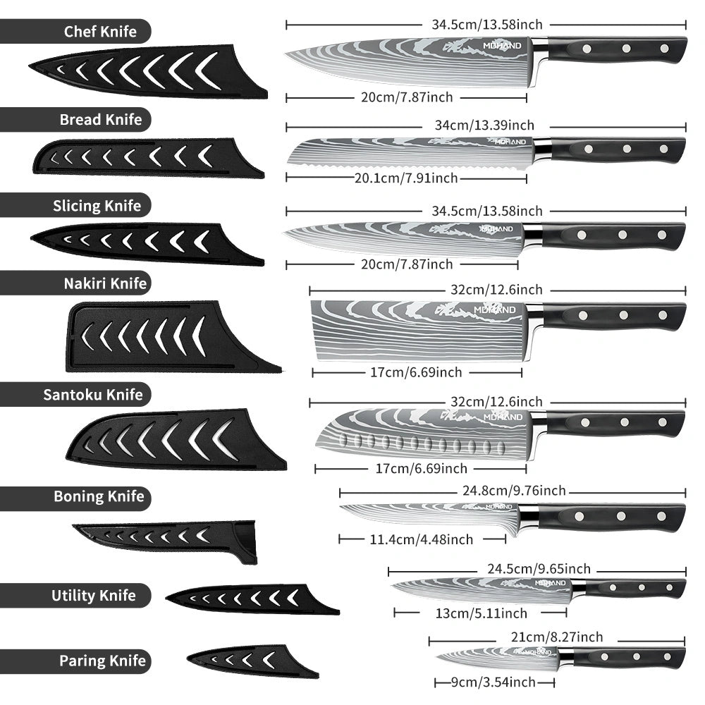 MDHAND 9-Piece Chef Knife Set, Sharpening Rod & Nylon Knife Bag, ABS Straight Handle, Black
