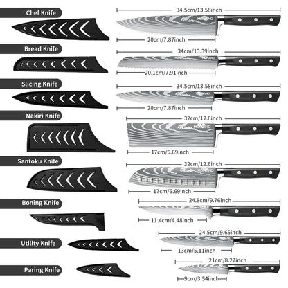 MDHAND 9-Piece Chef Knife Set, Sharpening Rod & Nylon Knife Bag, ABS Straight Handle, Black