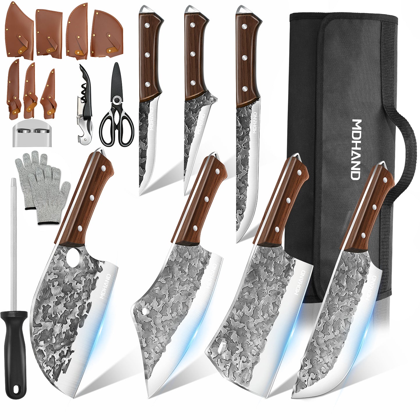 MDHAND 14pcs Kitchen Knives Set - Butcher Knife,Chef Knife, Boning Knife, Meat Cleaver - BBQ, Outdoor, Camping(Cloud)